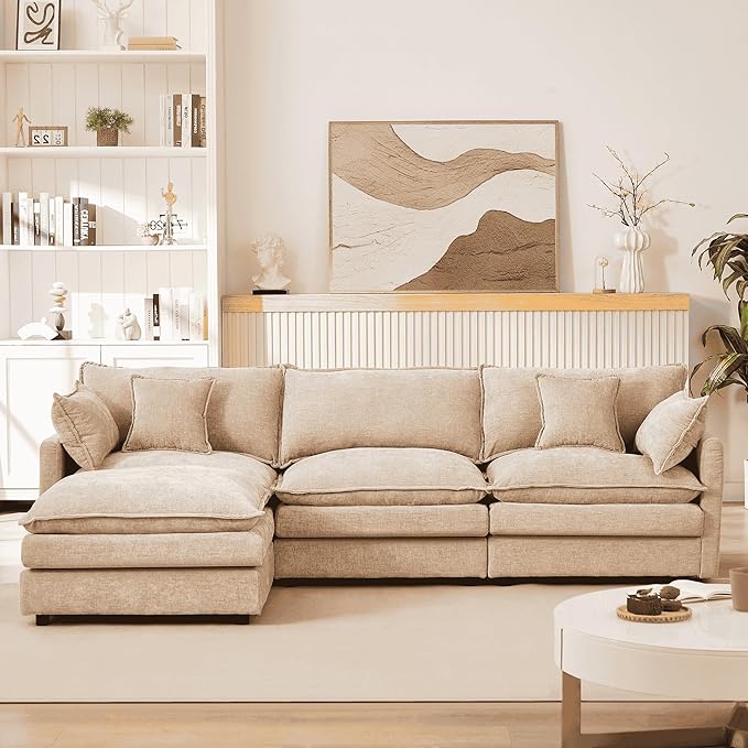 Homy Casa 102 Inch L Shaped Couch Set3-Seat Sectional Sofa with Chaise Comfortable Chenille Fabric Removable Cushions Ottoman DIY CombinationModern Design for Living/Family Room (Coffee)