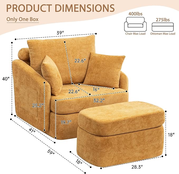 39''W Oversized Accent Chair with OttomanComfy Swivel Lounge Reading Chairs for Living RoomBedroom (Chenille Orange)