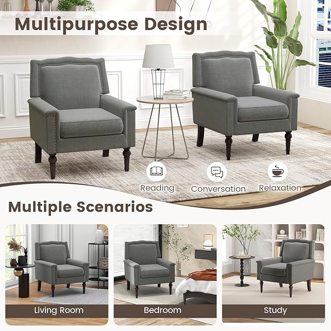 Giantex Mid-Century Modern Accent Chair Grey Linen Fabric Upholstered Armchair w/Rubber Wood Legs Nailhead Trim Max Load 440 Lbs Comfy Single Sofa Side Chair for Living Room Bedroom