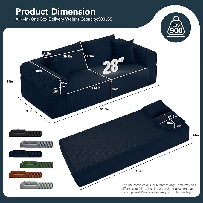 83 Modern Sofa in a Box No Assembly Oversized 3 Seater 28 Deep Seat Cloud Sofa Bed Couch with 4 Furry Pillows &amp Corduroy Fabric Boneless Couch with Side Storage Pockets for Living Room Navy B