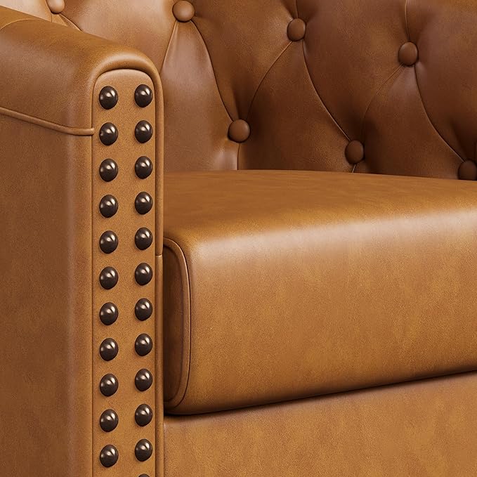 Swivel Barrel Accent ChairRound Nailhead Faux Leather Living Room Arm ChairsModern Upholstered Comfty Reading Nook Chairs for BedroomSmall Club ArmchairSingle Sofa Side ChairCaramel Brown
