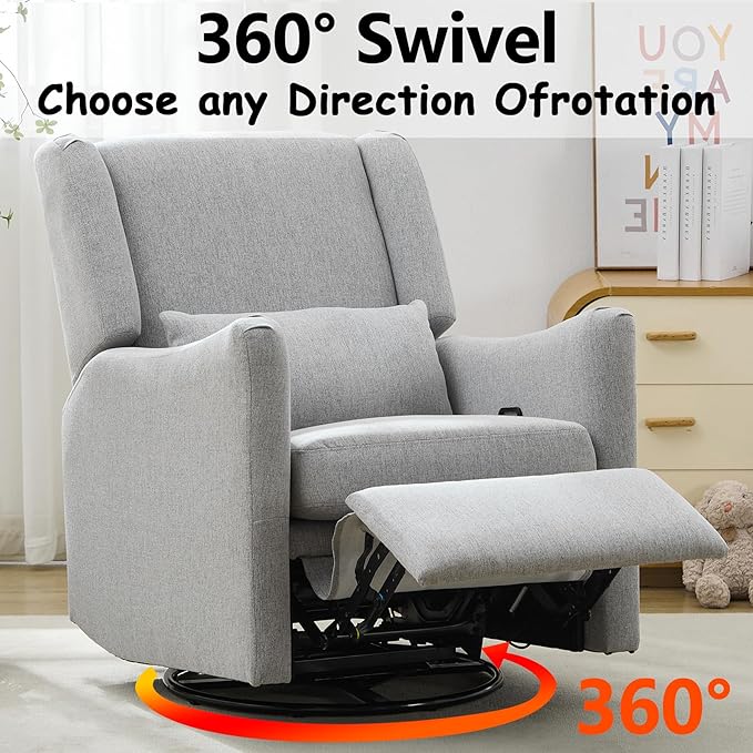 Lazy Boy Glider Recliner Nursery Chair with Wingback Swivel Rocker for Small Spaces Thick Cushion Linen (Grey 1)