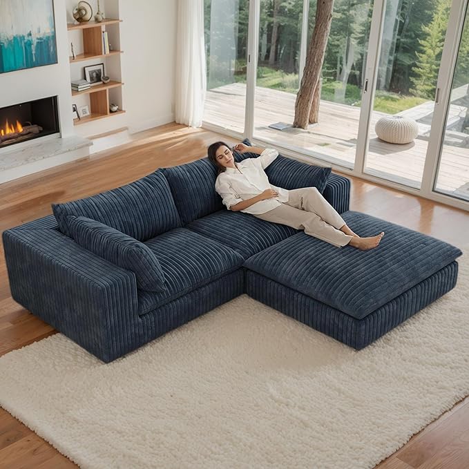 78.8 Corduroy Cloud Loveseat Sofa with Ottoman L Shaped Modular Sectional Couch with Removable Cushion No Assembly Required Deep Seat Boneless Couches for Living Room (Blue &amp 1 Ottoman)