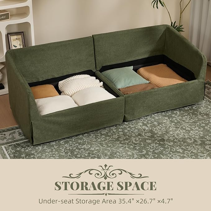 81'' Retro Sofa Couch with Storage 2-Seater Cozy Sofa for Living Room French Country Couch with Removable Washable Cover Green