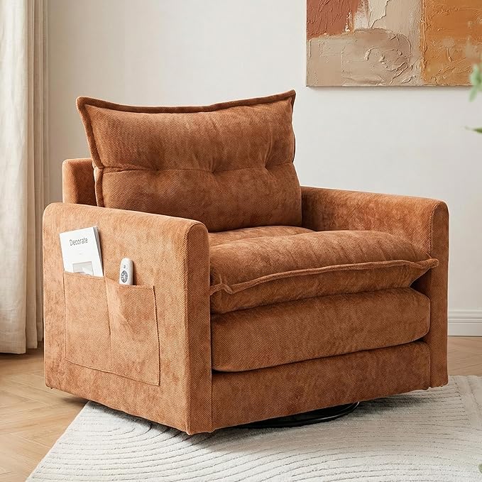 Square Swivel Chair360°Rotation Armchair for ReadingPlush Chenille Upholstered Accent Club Chair with ArmsModern Single Cloud Sofa Chair for Living Room Bedroom (1 OrangeBrown)