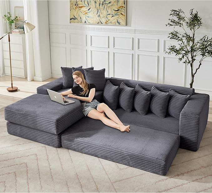 110 Oversized L Shaped Convertible Sleeper Sofa Bed Corduroy Folding Sectional Sofa with 8 Pillows &amp Storage Bags Modern Floor Mattress Couch for Living Room Small Spaces Dark Grey Left Chaise
