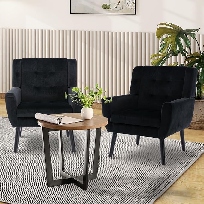 Modern Accent Chair Velvet Upholstered Armchair with Thick Padding Fluffy Comfy Reading Chair Cozy Living Room Chair with Black Wood Legs Single Sofa Chair for Home Office Bedroom Black