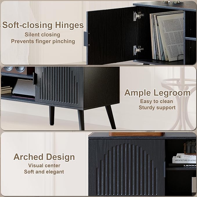 ChooChoo TV Stand for 55/60 Inch TV Mid Century Modern TV Stand Entertainment Center with Storage Cabinet and Open Shelves TV Console Table Media Cabinet for Living Room and Bedroom Black