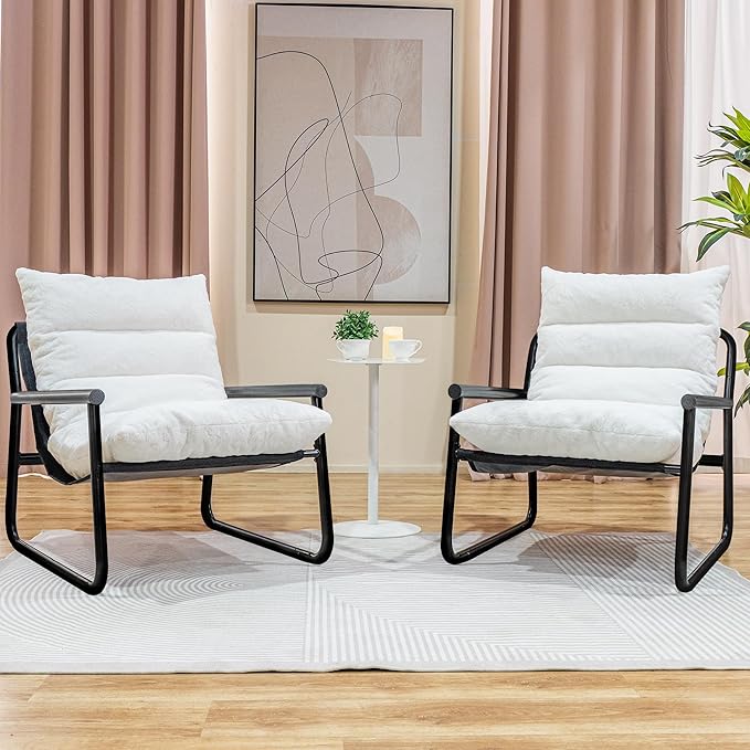 Accent Chair with Arms Living Room Chair with Cushion Comfy Chairs Padded Patio Leisure Lounge Chair Sturdy Comfy for Reading Nook &amp Bedroom 200Lbs Capacity(White 1-2)