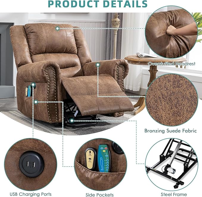MEETWARM Large Power Lift Electric Recliner Chair with Massage and Heat Overstuffed Wide Recliner for Elderly Heavy Duty Recliner for Living Room with 2 Remote Controls/Side Pockets/USB Ports(Brown)