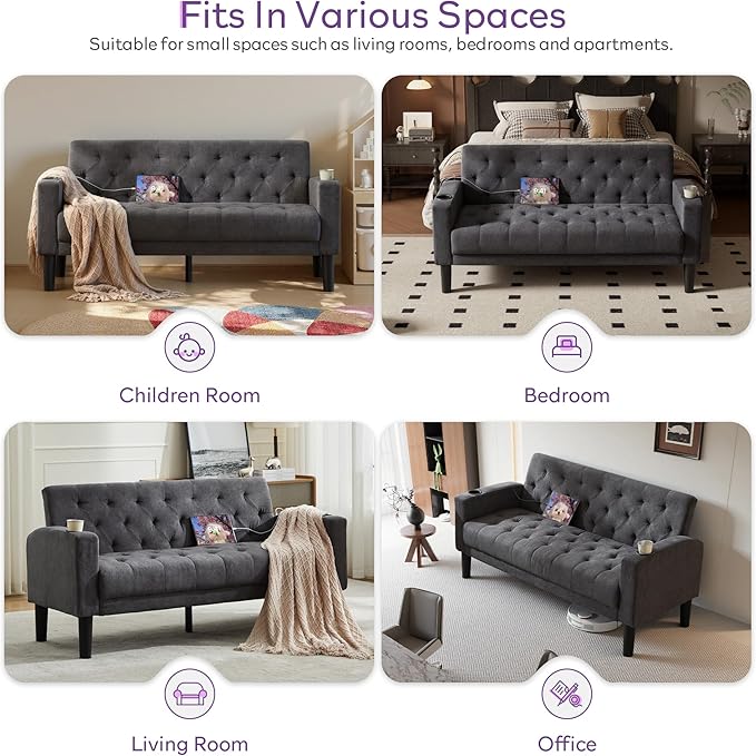 TYBOATLE Mid-Century Modern Tufted Loveseat Sofa Set w/ 2 USB &amp 2 Cupholders 3 Piece Living Room Furniture Sets Small Love Seat Couches for Small Space Apartment Bedroom Office(Dark Grey)