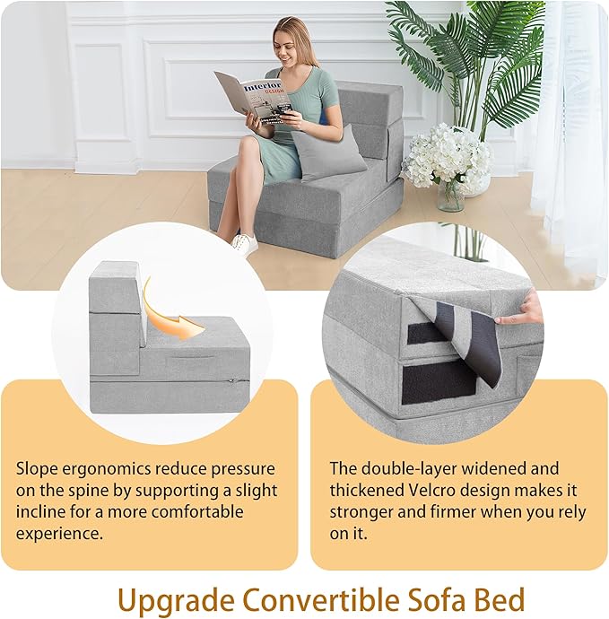 Sofa Bed Foldable Mattress Folding Sleeper Sofa Chair Bed Floor Mattress with Pillow for Living Room Home Office (Light Gray Single)