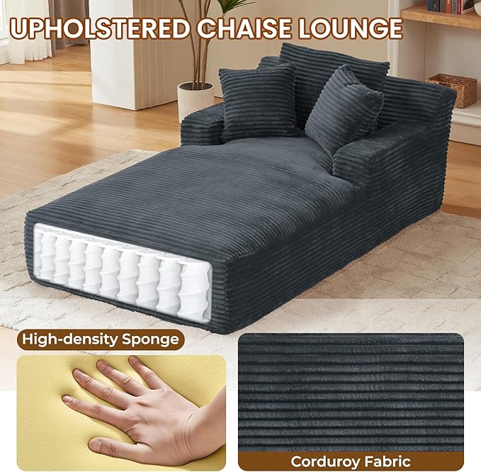 Avenix 79” Oversized Chaise Lounge Chairs Indoor Corduroy Boneless Chaise Lounges Chairs Indoor Deep Seat Big Comfy Reading Chair Cloud Sleeper Chair Sofa Couch Bed for Living Room Grey