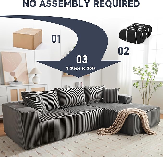 HUATEAN 108” Modular Sectional Sofa Cloud Sectional Couch with Deep Seat Modern Modular L-Shape Sofa Couch with ChaiseUpholstered Couches for Living Room Bedroom (Corduroy Darkgrey)