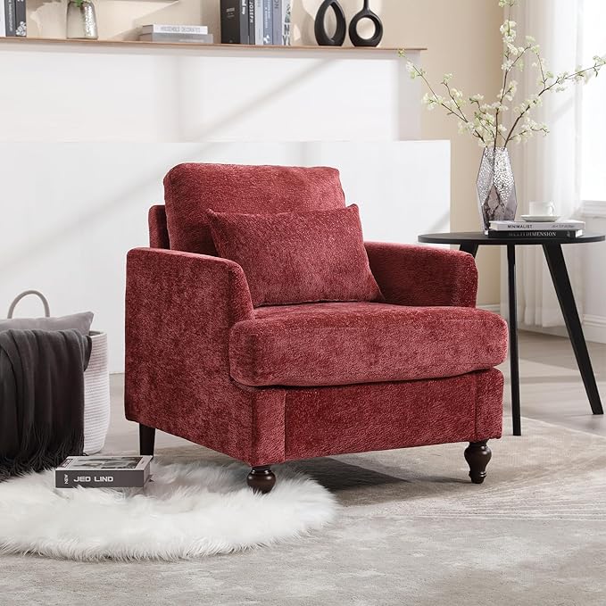 Mid Century Modern Accent ChairsChenille Upholstered Armchair with Rubber Wooden LegsComfy Reading Chairs with Scooped Arms for Living RoomBedroom (Wine Red)