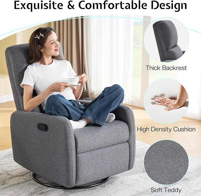 Jocisland Swivel Rocking Chair Nursery Glider Recliner Chairs for Adults Rocker for Living Room Bedroom Comfy Upholstered Modern Nursing Reclining Single Sofa Grey Linen (No Side Pockets)