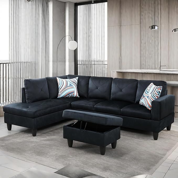 L Shaped Sectional Couch with Ottoman Modern Lounge Modular Sectional Sofa with Storage L Shaped Couch for Living Room Bedroom Dark Blue