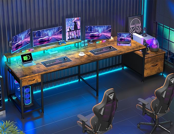 96.5''Office Desk with LED Lights L Shaped Gaming Desks with Power Outlets Two Person Computer Desk with Drawers &amp Monitor Shelf for Home Office Study Room and Bedroom Rustic Brown