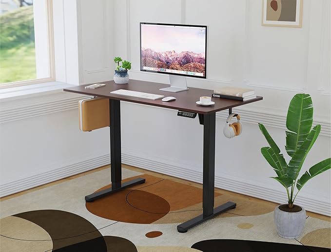 NSY Audio Electric Standing Desk 48x24 Inches - Height Adjustable Whisper Quiet Motor Walnut Top &amp Black Frame for Home Office Gaming Focused Work Walnut Brown