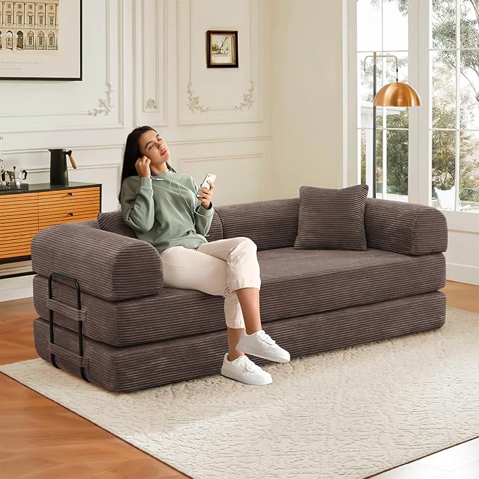 78 Convertible Sleeper Sofa Bed with Cylindrical Pillow Corduroy Folding Mattress Couch with Fixed Frame Floor Sofa Lounge Couch for Living Room Bedroom Apartment Brown