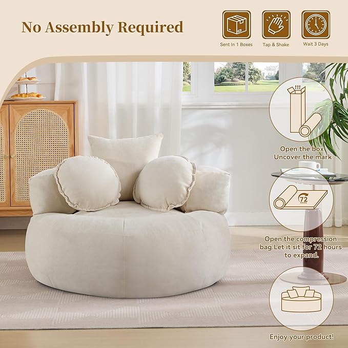 Round Oversized Chair Floor Sofa Chair Chenille Compressed Circle Chaise Lounge No Assembly Boneless Barrel Chair Lazy Bean Bag Couch Accent Chair for Living Room Bedroom DormBeige