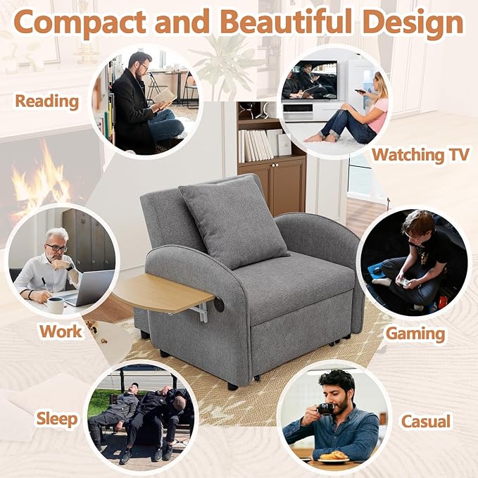 3-in-1 Convertible Sleeper Chair Pull Out Bed for Adults Fold Out Chair &amp Single Sofa Bed with USB Port &amp Foldable Table Pillow Adjustable Backrest for Dorm/Bedroom (Grey)