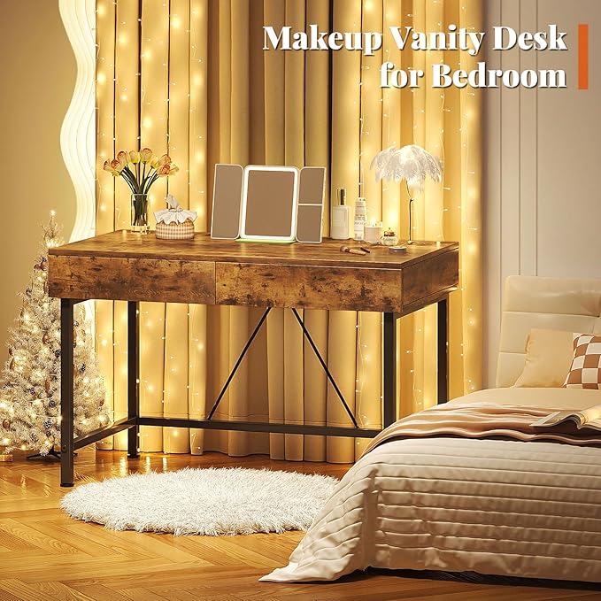 VERMESS 40 Inch Solid Wood Desk with Drawers Small Computer Desk for Small SpaceModern Makeup Vanity Desks No Mirror Writing/Study/Work Table for Home Office Kids Desks for Bedroom Rustic Brown