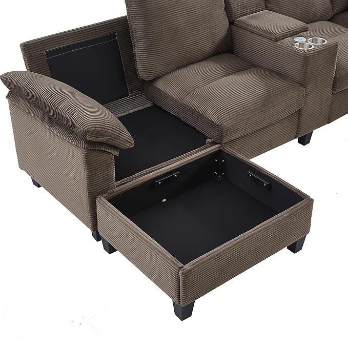 Modern U-Shaped Sofa 116.9 Sectional Sofa Corduroy Upholstered Sofa Couch with Storage Ottomans Cup Holders and USB Ports for Living Room (Brown-X70)