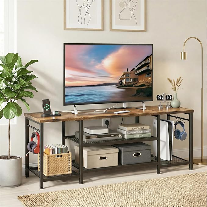 YGEOMER TV Stand for Up to 65 Inch TVs Entertainment Center with Power Outlet and Open Storage Shelves TV Media Console Table for Living Room and Bedroom Rustic Brown