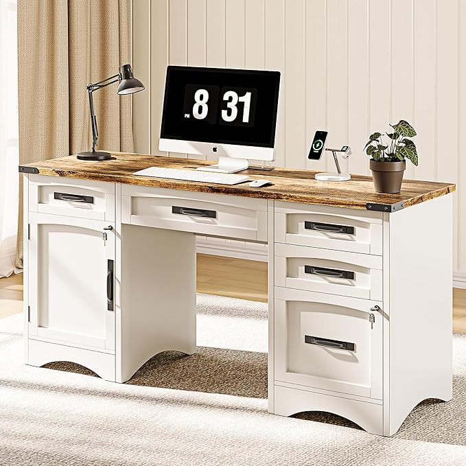 Farmhouse Executive Desk with Drawers 55 Home Office Desks with Fast Charging Station Lockable File Cabinet Wood Writing Computer Desk for Work Study White