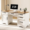 Farmhouse Executive Desk with Drawers 55 Home Office Desks with Fast Charging Station Lockable File Cabinet Wood Writing Computer Desk for Work Study White
