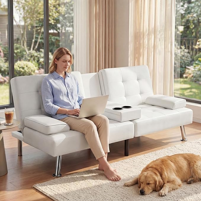 YESHOMY Modern Futon Sofa Bed Convertible Futon Couch with Adjustable Backrest Futon Loveseat Sleeper Sofa Bed with Armrest for Living Room Small SpacesPU Leather White