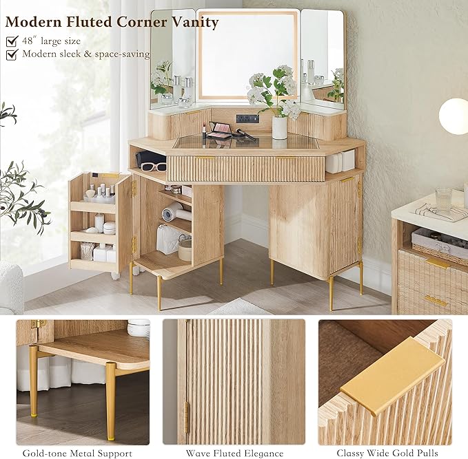 T4TREAM 48 Fluted Makeup Vanity Desk with HD Triple Mirror and Lights Large Lighted Corner Vanity with Glass Top Modern Dressing Table with 3 Drawers &amp 2 Cabinets for Bedroom Natural Oak