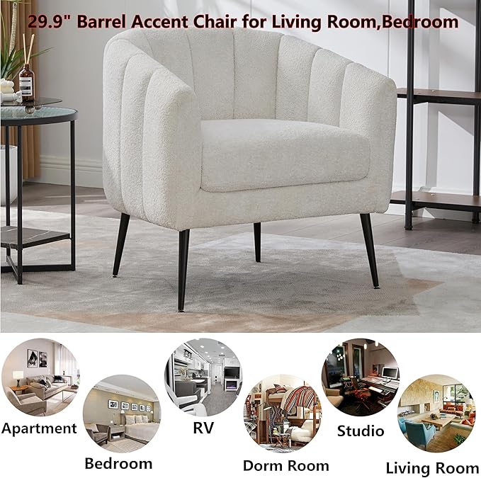 29.9 Chenille Upholstered Barrel Accent Chairs for Living RoomMid Century Modern Fuzzy Round Armchair with Metal LegsChannel Tufted Club Chair with Scoop Arms (Chenille Ivory Armchair)