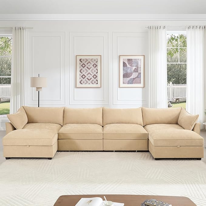 Aoowow Modular Sectional Sofa with Pullout Storage Seat 146.4” U-Shaped Chenille 4-Seat Sofa Couch with 2 Storage Ottomans Upholstered Deep Couches for Living Room Apartment OfficeWheat