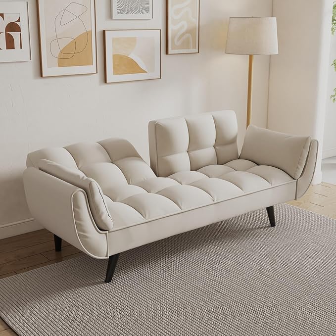 Velvet Futon Sofa Couch Bed with 2 Pillows Convertible Folding Futon Couch with Adjustable Backrest Love Seat Sleeper Sofa Bed for Small Spaces Living Room Office Apartment (Beige)