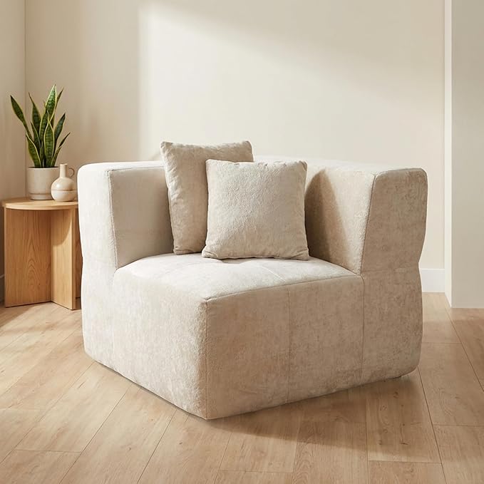 · REDEARTH · Left Armchair Velvet Sectional Sofa No-Assembly Compressed Couch in a Box Firm Support Boneless Modular System in Plush Velvet for Living Room (1-Seater) Cream