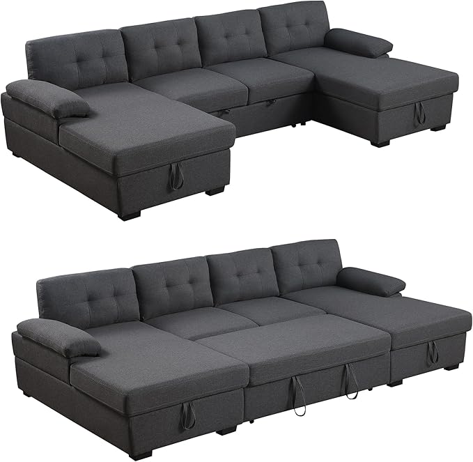 BEEY Sectional Sleeper Sofa 120 Oversized Couch Bed 4 Seat Sofa Bed U Shaped Sectional Couch with Pull Out Bed and Double Storage Chaise for Living Room Bedroom Dark Grey