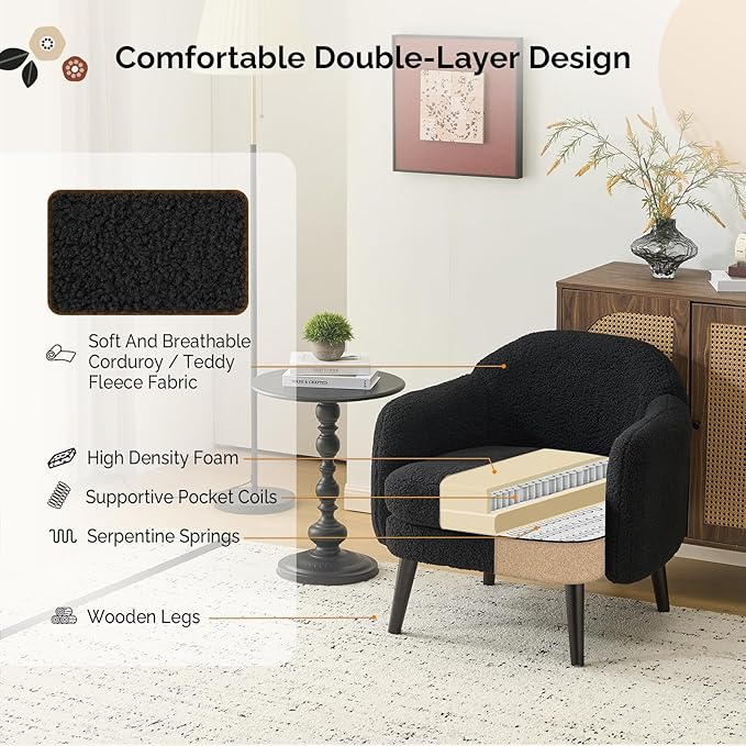 VINGLI 30.3 Wide Modern Barrel Accent Armchairs Set of 2 with Track Armrest Solid Wooden Legs Comfy Upholstered Club Chairs Single Home Sofa for Living Room Bedroom ReadingTeddy Fleece Black