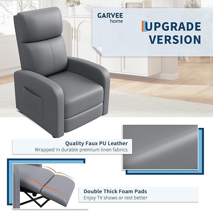 Recliner Chair Lazy Recliner Sofa for Adults Adjustable PU Leather Single Chair with Tall Back Wide Arms &amp Side Pocket Padded Home Theate Living Room Seating