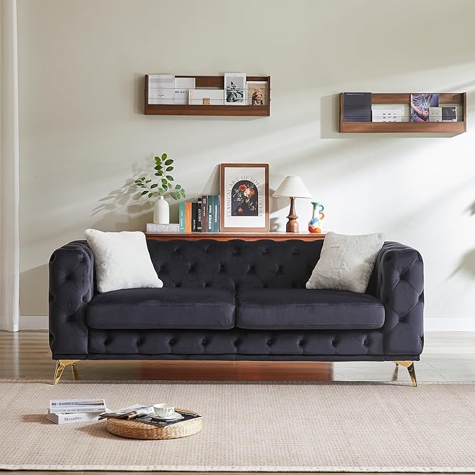 82.5'' Velvet Chesterfield Sofa Button Tufted Upholstered Sofa Couches with 2 Pillows Golden Metal Feets Removable Thick Cushions Comfy Chesterfield Couches for Living Room Apartment Black