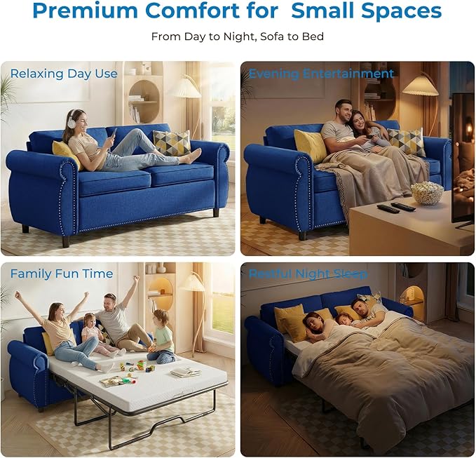 Mjkone 2 in 1 Pull Out Sofa Bed Full Size with Tri-Folding Mattress Convertible Sleeper Sofas Couch with Pullout Bed Pull Out Couch Beds with Nailhead Armrests for Living Room Home Office Blue