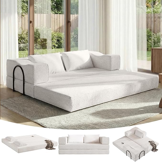 80 Foldable Chenille Futon Sofa Bed 4-in-1 Convertible Couch with 2 Pillows King-Size Floor Lounger for Living Room Guest Room Dorm - No Assembly (Beige 80in)