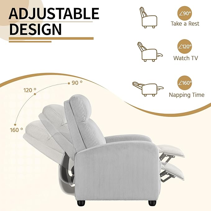 Yaheetech Corduroy Recliner Chair Single Sofa Home Theater Seating Adjustable Modern Reclining Chair for Living Room Bedroom Home Theater Light Gray