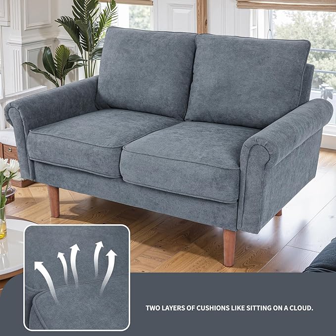 57-Inch Modern Velvet Loveseat Sofa with Rolled Armrests Removable Cushions Solid Wood Legs Comfy Two-Seater Sleeper Couch Easy Assembly for Living Room Bedroom Office Gray