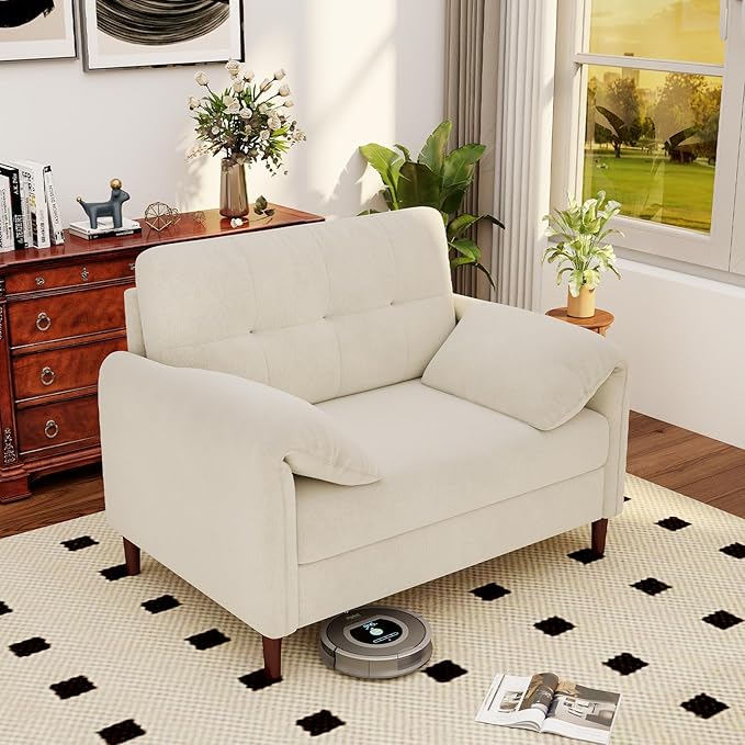 46'' W Oversized Chair Chenille Loveseat Sofa with Deep Seat Mid Century Modern Accent Chair for Living Room Upholstered Comfy Armchair for Bedroom Apartment Studio Office（1Pack Beige）