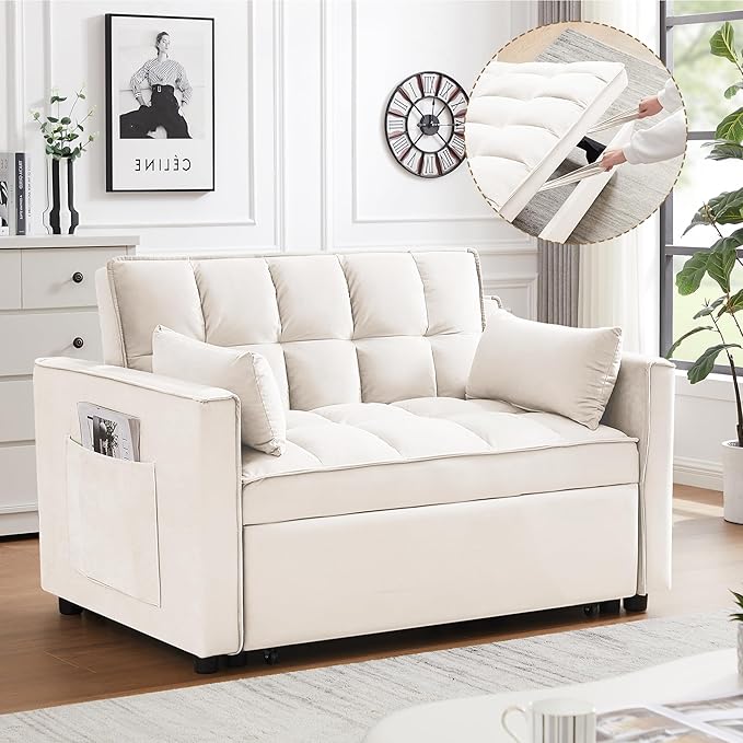 53.5 3-in-1 Convertible Sofa Bed Loveseat Couch With Pull-Out Bed Side Pockets And Adjustable Backrest Suitable For Living Rooms Apt And Offices Velvet Fabric Recliner SofaS Bed (beige 53.5)