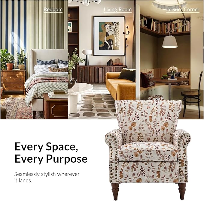 Wingback Accent Chair with Wood Legs Modern Comfy Upholstered Armchair with Removable Cushion and Nailhead Trim Floral Pattern Single Sofa Reading Chair for Living Room Bedroom
