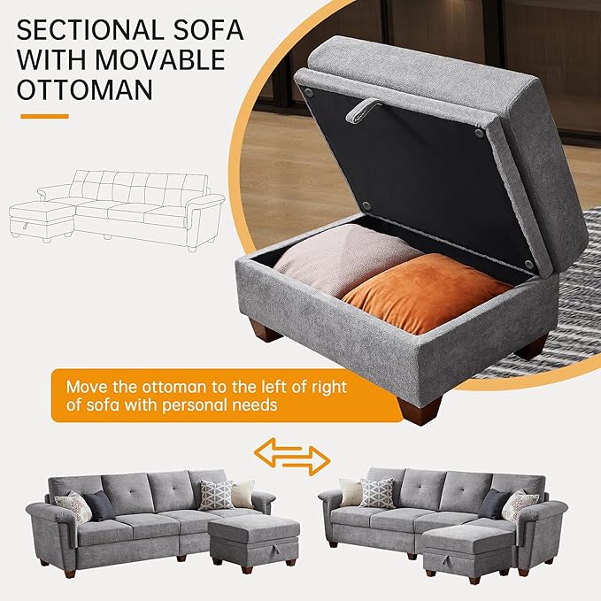Convertible Sectional Sofa with Storage 4 Seat L Shaped Couch with Chaise and Cup Holder Modern Microfiber Fabric Sofas Couches for Living Room Light Grey