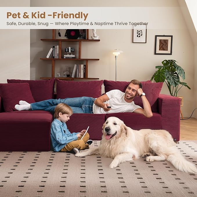 108 L-Shaped Boneless Couch Modular Sectional Sofa with Moveable Ottoman Corduroy Cloud Couches for Living Room No Assembly Ship in a Box Red